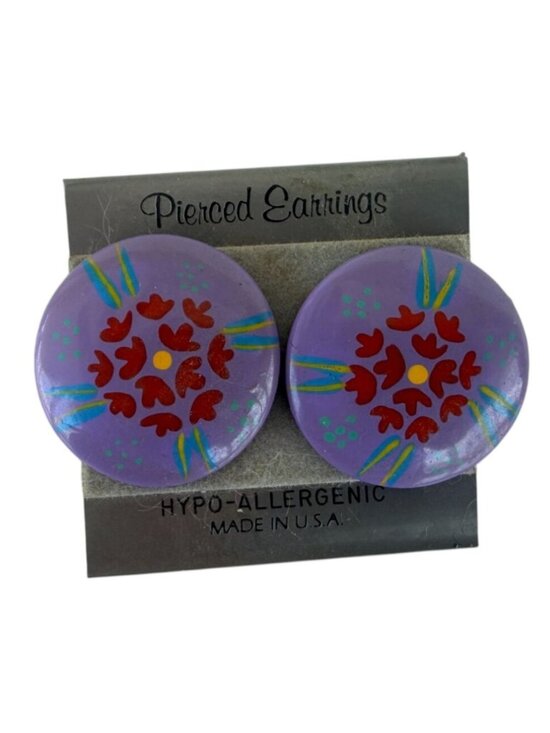 Pierced Earrings Jewelry - Vintage NOS Large Button Stud Purple Pierced Earrings Flower Hypo-Allergenic 80s